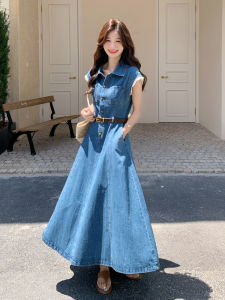 YINLUOYA | Elegant Unique Stylish 2025 Summer Long Dress High Waist A-Line Denim Skirt Korean Style Belted Solid Color Polo Collar Single Button