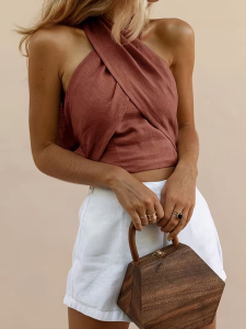 Cropped Top Womens Solid-Colored Cropped Cross-Back Top
