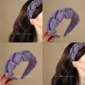 Romantic Purple Wide Edge Woolen Hairband Gentle Vintage French Style Headband Enhanced Forehead Pleated High-End Feeling
