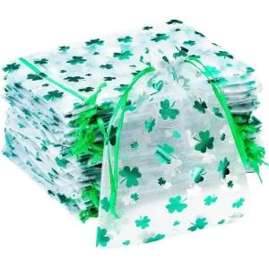 50PCS Four-leaf Clover Printed Organza Bags Patricks Day Bright Green Gift Jewelry Pouches for Patricks Day
