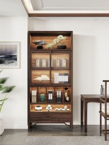 New Chinese Style Solid Wood Bookcase Sliding Glass Door Office Storage Cabinet Tea Room Display Shelf with Light Multi-Function Type