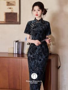 Shanghai Vintage Style Black Dye Velvet Cheongsam Spring Summer New