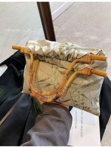 New Chinese Style Bamboo Leaf Embroidery Handbag Flag Dress Bag Wicker Weaving Handbag Imitation Bamboo Node Youth Bucket Bag