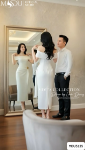 Váy Thiết Kế MDU5135 Lụa Mango Trắng Dáng Ôm Trễ Vai Đính Bướm Ánh Vàng Tinh Tế Từ MDU