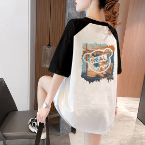 เสื้อยืดแขนสั้นผู้หญิงฤดูร้อนปี 2024 ทรงหลวม ผ้าฝ้ายแท้ ลายการ์ตูน ปกปิดสะโพก เสื้อผ้าทำงานสไตล์เกาหลี แฟชั่นสตรีท