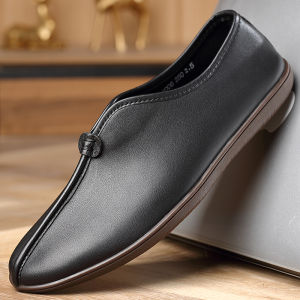 Casual Leather Shoes Mens Summer Breathable Soft Bottom Chinese Old Beijing Cloth Shoes Cow Tendon Bottom Slip-On Genuine Leather