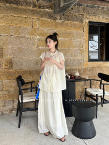 Elegant Chinese French Style Womens Summer Outfit Set High Waist Slim Fit Half Skirt with Buttons Short Sleeve Two Piece Set