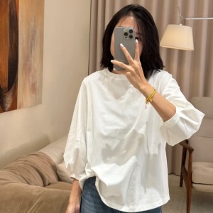 2025 Spring New Style round Neck Pure Color Lantern Sleeve T-Shirt Casual Versatile Loose Fit Simple Fashion Top for Women