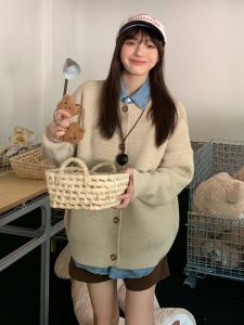 เสื้อสเวตเตอร์ถักสีพื้นสไตล์วิทยาลัยลำลองฤดูใบไม้ร่วง/ฤดูหนาว แจ็คเก็ตสเวตเตอร์คอวีแขนยาวแบบสวมหัวสำหรับผู้หญิง