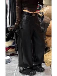 High Waist Wide Leg Pants Womens PU Leather Protein Leather Casual Drapey Straight Leg Trousers Floor-Length Pants