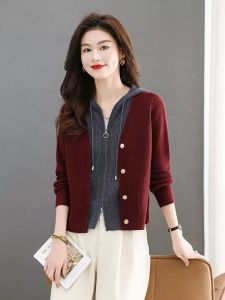 Hooded Fake Two Pieces Knitting Cardigan Womens Fall and Winter New Arrival Padded Top Short Loose Sweater Coat