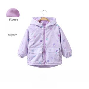 Girls Fleece Lined Jacket Childrens Spring Autumn Wear Casual Hooded Windbreaker Polyester Fabric Heart Pattern Zipper Closure