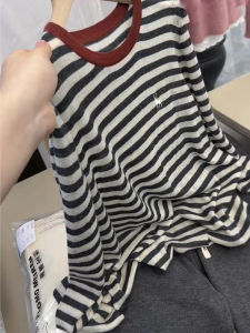 UYFY | Striped Embroidered Round Neck Long Sleeve Lazy Style Casual Sweater