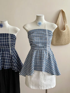 French Lace Trim off Shoulder Shirt Vest Women Summer Gingham Print Bell Sleeve Top Korean Style Slim Fit Commute Wind Blouse