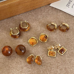 Retro Autumn Winter Amber Colored Earrings Women Luxury Unique Small Design Ear Jewelry Elegant Fashionable Korean Style