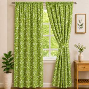 Mariya Amandas Vines Olive Set of Curtain for Home Decoration and Plain Curtains - Olive with White pattern suitable for kitchen window treatment.