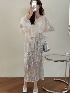 Korean Style Womens Shirt Spring New V-neck Pleated Loose Fit with Belt Summer Commute Pure Color Long Sleeve Regular Length