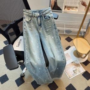 European Goods Rhinestone XINGX Pendant Stylish High Waist Wash Denim Female Spring Loose Slimming and All-Matching Straight-Leg Pants