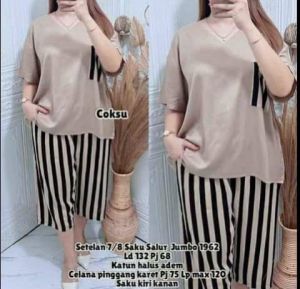 #Setelan celana salur saku polos #One set wanita