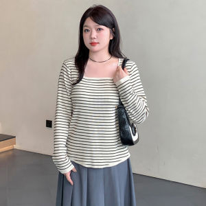Loose Knitted Top Womens plus Size Square Collar Base Layer Striped Shirt Autumn 2024 Fashion plus Size Womens Dress