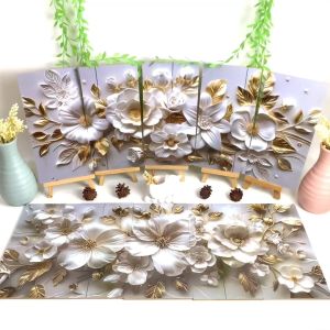 TENNESY Hiasan Dinding Bunga 1 Set 5 Panel 3D White & Gold Artistic Flowers Wall Decor Dekorasi