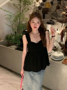 เรียบหรู สีดำ สีทึบสี่เหลี่ยม ปกเสื้อ เสื้อกล้าม ผู้หญิง พลัสไซส์ ฤดูร้อน สไตล์ใหม่ ลำลอง เสื้อกั๊กใส่สบาย ระบายอากาศได้ดี