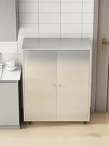 Stainless Steel Kitchen Storage Cabinet Dish Cupboard with Doors Adjustable Shelves Rolling Pantry Organizer for Plates Bowls Pots