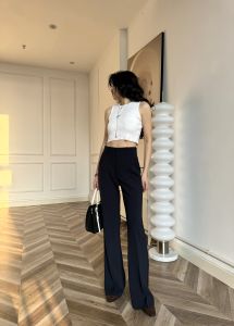 New Navy Blue High Waist Thin Straight Leg Long Length Pants Draping Micro Flared Easy Care Womens Business Casual Trousers