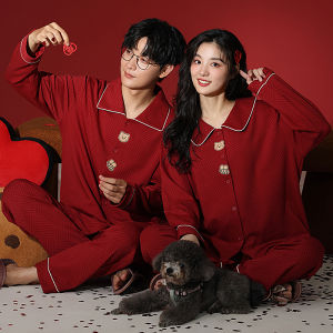 MiiOW | ชุดนอนผ้าฝ้ายคู่รัก แขนยาว สีแดงสด ฤดูใบไม้ผลิและฤดูใบไม้ร่วง ชุดนอนสำหรับคู่รัก ชุดนอนผ้าฝ้ายแท้ ชุดนอนสำหรับงานแต่งงาน