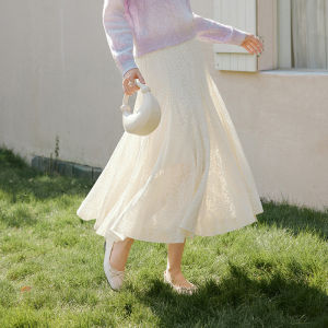 XIANGYING | Elegant Lace White A-Line High-Waist Skirt