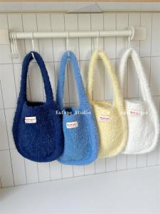 Plush Pouch Daily Walking ~ Soft Glutinous Small Handbag Female K-style Easiest for Match Pure Color Knit Handbag Wrist Bag