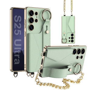 Wristband Card Holder Electroplated Frame Chain Lanyard Leather Phone Case for S23 S24 S25 Ultra Samsung Galaxy 5G Shockproof Men Women Black Grey Purple Green Box Strong Anti-fall Full Protection Drop-proof Beautiful Cool Fashion Lovely Good