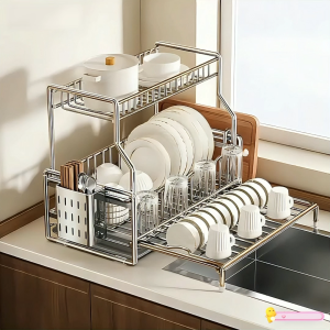 Gslife Kệ Úp Chén Bát 2 Tầng Inox 304 - Có Khe Cắm Thớt & Ống Đũa Đa Năng
