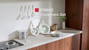 SANHO Nonstick Ceramic Rock Cookware Set Handle Removable 21Pcs Suitable for All Stoves Black