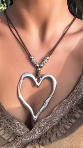 Ingemark | Exaggerated Silver Color Big Love Heart Pendant Necklace for Women Bohemian Leather Wax Rope Neck Chain Y2K Jewelry Accessories