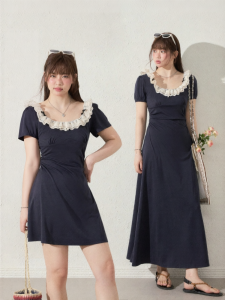 JULULOOK | Đầm Dài Cinching eo Thêu Ren Peter Pan Collar