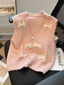 Chic Knitted Butterfly Knot Vest Cardigan Womens Autumn Fashion Layering Short Outerwear V-neck Wool Blend Plant Floral