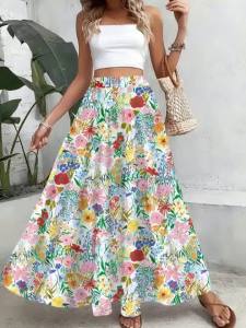 Printed Design Four Seasons Flower Pattern and Colorful Flower Vacation Style Half Skirt