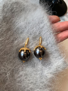 CAFFTI | Light Luxury 999 Sterling Silver Diamond-studded Pearl Earrings Black Spring Summer Female