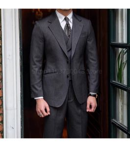 Elegant Dark Gray Mens Suits Gentleman Business British Suits Set Banquet Host Casual Wedding Business Suits(Blazer+Vest+Pants)