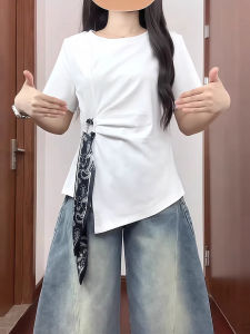 Slimming plus Size Asymmetrical Slit Short Sleeve T-Shirt Women Summer Fashionable Scarf Cover up Top Elegant Mini Shirt