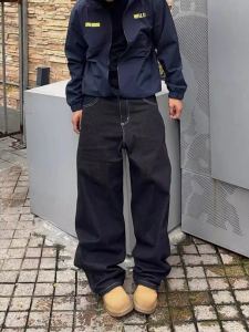 Retro Washed American High Street Blue Black Denim Mens Loose Straight Leg Wide Leg Jeans Cleanfit Long Trousers