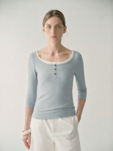 INSIS FEMME | Soft Long-staple Cotton Womens Tee Henley Collar 5/8 Sleeves