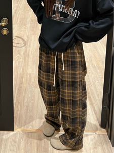 Retro Gingham Brushed Straight-leg Casual Pants Womens Fall and Winter New Arrival High Waist Loose Fleece-lined Mop Wide Leg Pants Long Pants