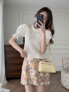 Sweet Short Sleeve Stand Collar Pleated Bubble Sleeve T-Shirt Wooden Edge Ear Casual Style Pure Color Summer Thin Polyester Blend