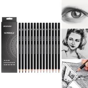 14Pcs Sketching Whole Series ชุดดินสอ4H-14B หกเหลี่ยมดินสอไม้สีดำ-สีเทา Interlace Easy Coloring Art Drawing Tools