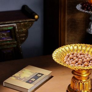 ถาดผลไม้แสงหรูหราสูงฟุตซัพพลายสำหรับห้องนั่งเล่นบ้านโต๊ะกาแฟงานฝีมือดีบุกแสงหรูหราจัดงานแต่งงานขึ้นบ้านใหม่ถาดผลไม้บูชาถาดผลไม้โลหะถาดเก็บผลไม้