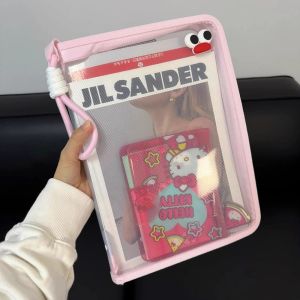 Macaron Transparent Large Capacity A4 File Bag Water-Resistant Zipper Hand-Held Thickened Storage Bag for Textbook Storage