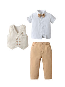 ชุดชุดเด็กทารกเพศชายสีกากี4ชิ้นตั้งแขนสั้นชุดแต่งงานสีขาวสำหรับเด็กผู้ชายชุดเสื้อผ้าเด็กชายเสื้อผ้าเด็กผู้ชายชุดสำหรับถ่ายรูปอายุ0 1 2 3 4