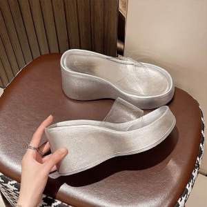#J-3 Open Toe Slope Transparent Straight Strap Height Increase Thick Wedge Slipper Sandal